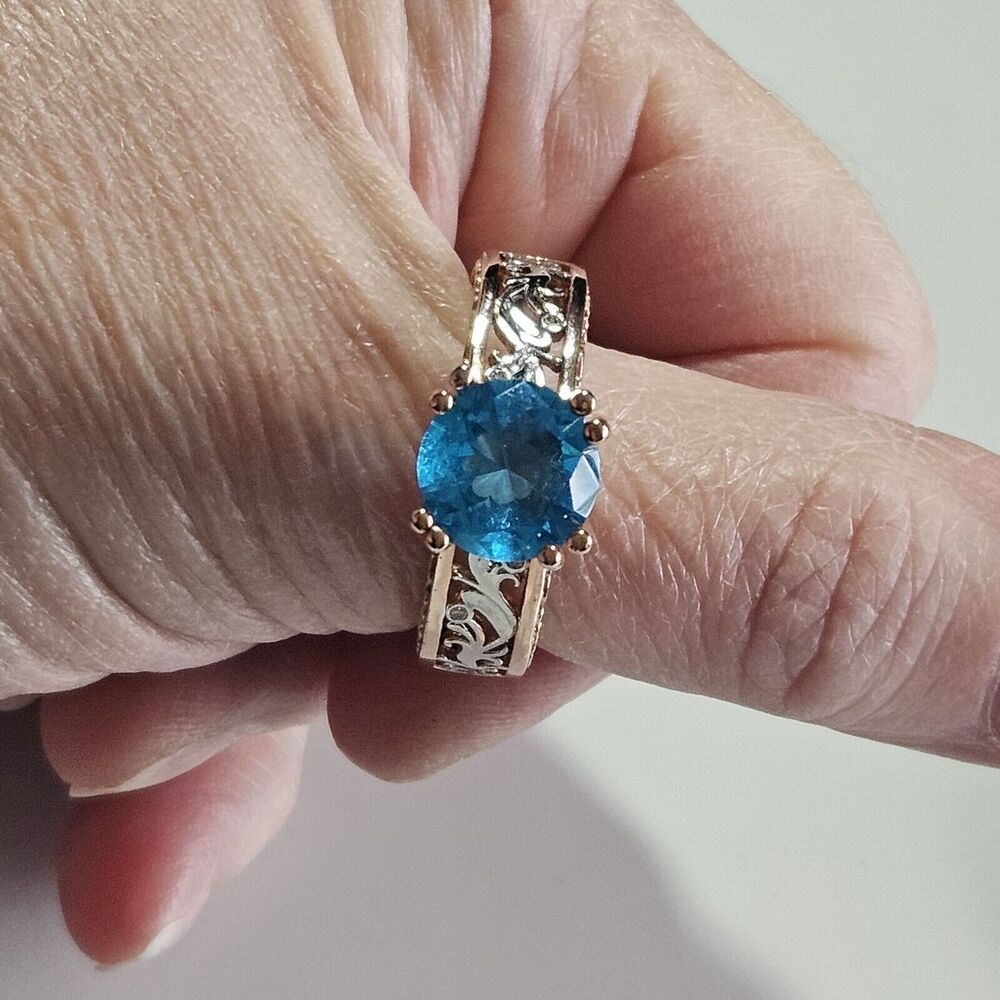 Two-tone Gold Over Sterling Blue Aquamarine Stone Ring Size 9